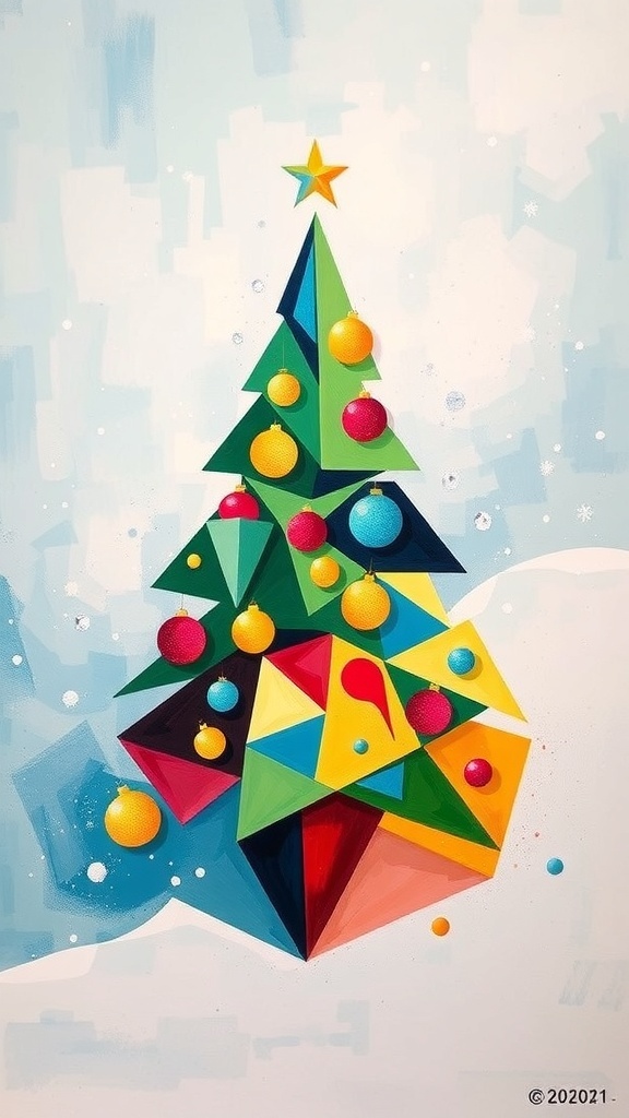 Abstract modern Christmas painting with geometric tree and colorful ornaments.